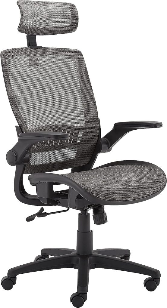 Amazon Basics Ergonomic Adjustable High-Back Chair with Flip-Up Arms and Headrest, Contoured Mesh Seat - Grey, 25.5D x 26.25W x 45.5H
