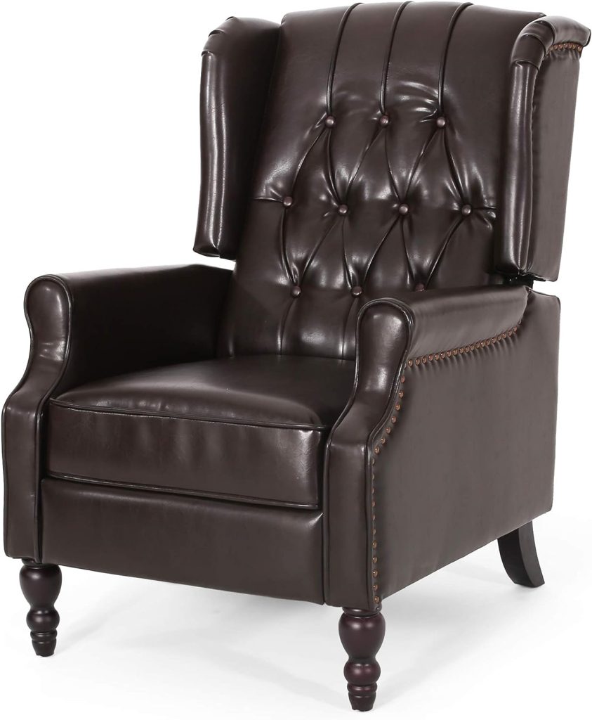 Christopher Knight Home GDFStudio Elizabeth Tufted Bonded Leather Recliner, Vintage Reclining Reading Armchair, 28.5D x 34.5W x 41H in, Brown